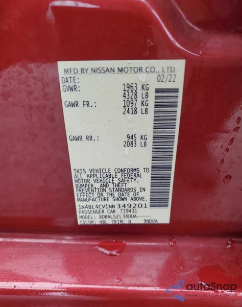 2022 Nissan Altima Sr z USA, uszkodzony, nr VIN 1N4BL4CV1NN349201